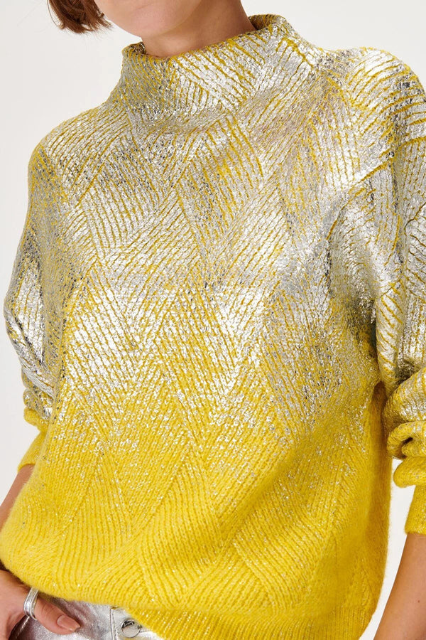 Pulover tricotat cu galben electric si argintiu
